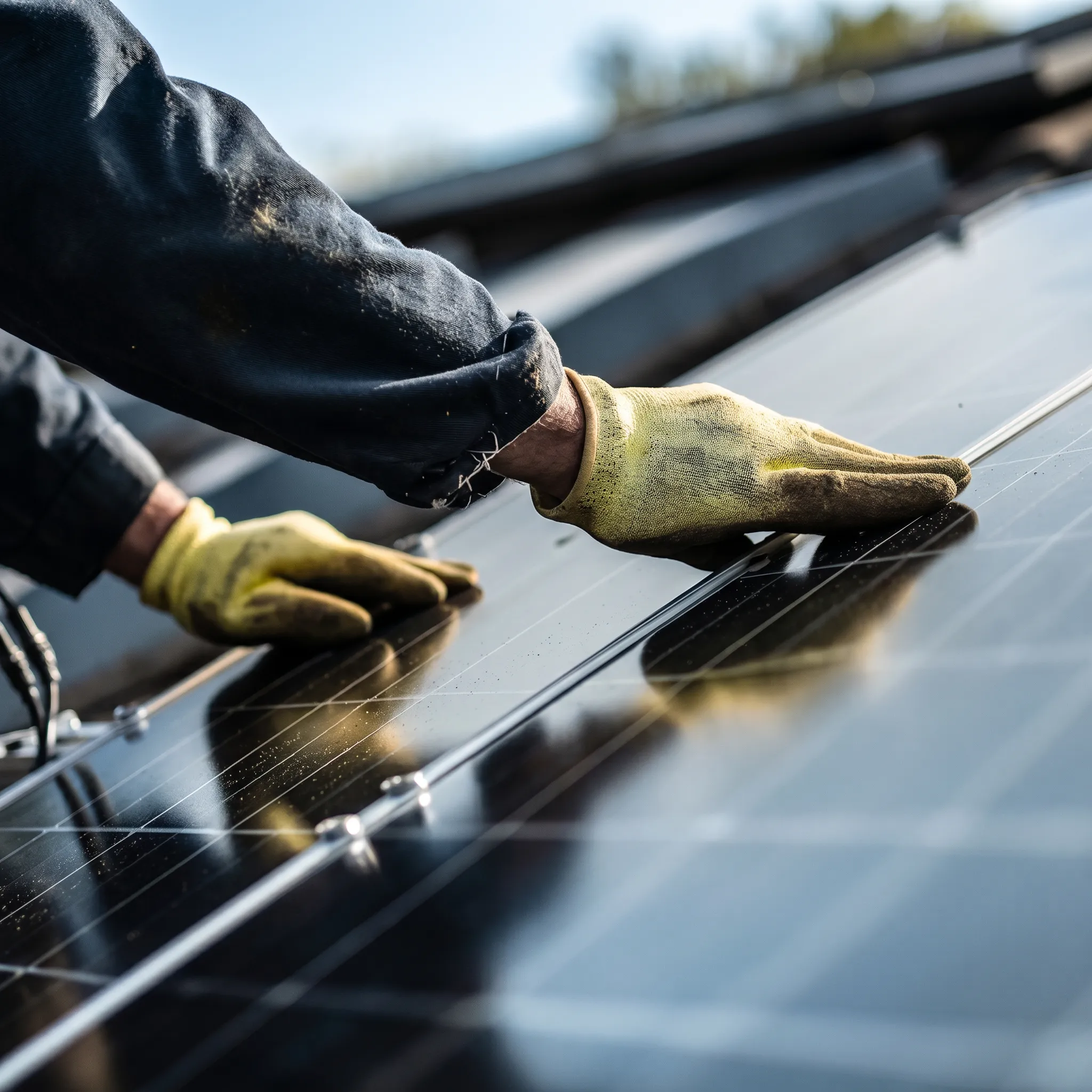 Solar technician measuring panels on a commercial rooftop